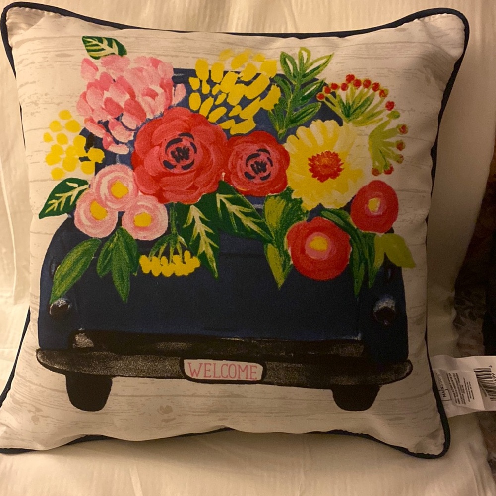 Blue Floral Farm Truck Outdoor Throw Pillow